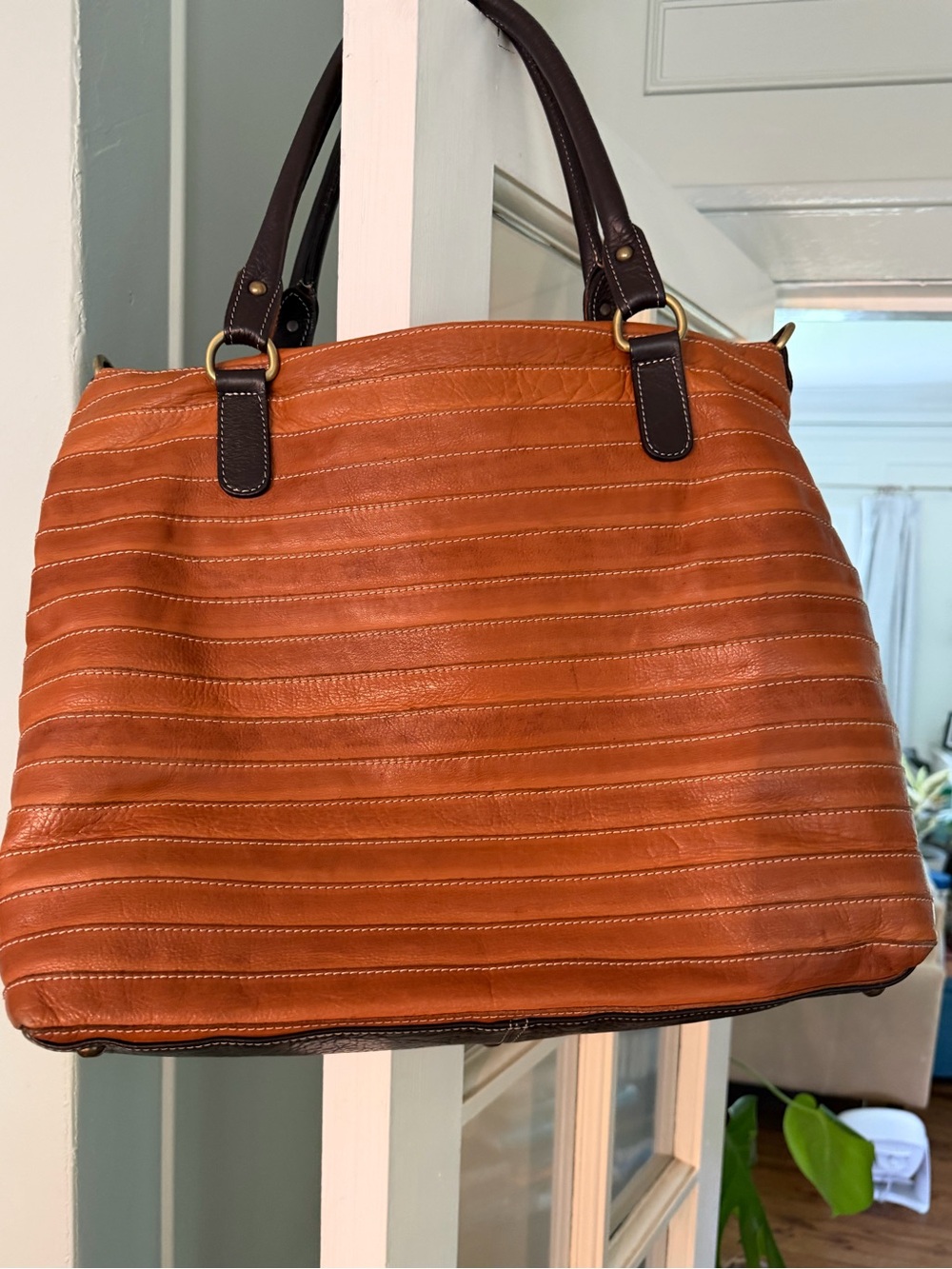 Il Duca Cognac Italian Leather Stripe Tote with Dark Brown Handles